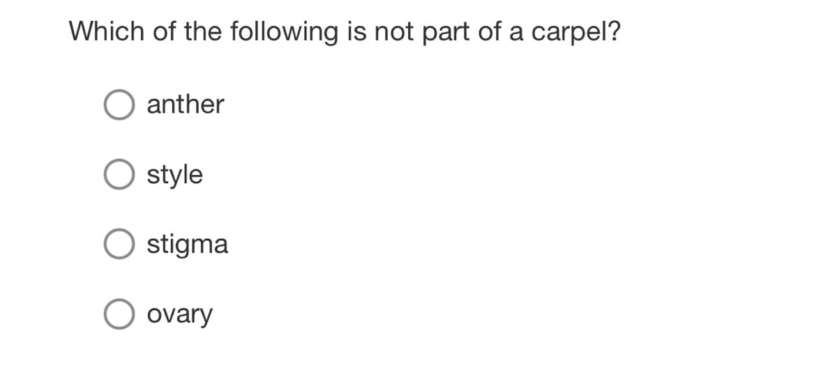 Which of the following is not part of a carpel?
anther
O style
stigma
ovary
