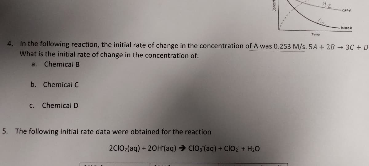 b. Chemical C
C.
Chemical D
5. The following initial rate data were obtained for the reaction
Concent
2C1O₂(aq) + 2OH(aq) → CIO3(aq) + CIO₂ + H₂O
4. In the following reaction, the initial rate of change in the concentration of A was 0.253 M/s. 5A + 2B → 3C + D
What is the initial rate of change in the concentration of:
a. Chemical B
не
la
Time
gray
black