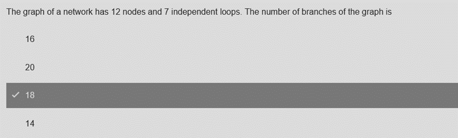 The graph of a network has 12 nodes and 7 independent loops. The number of branches of the graph is
16
20
18
14