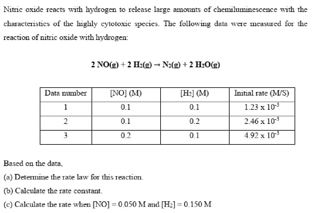 Nitric oxide reacts with hydrogen to release large amounts of chemiluminescence with the
characteristics of the highly cytotoxic species. The following data were measured for the
reaction of nitric oxide with hydrogen:
Data number
1
2
3
2 NO(g) + 2 H₂(g) → N₂(g) + 2 H₂O(g)
[NO] (M)
0.1
0.1
0.2
[H₂] (M)
0.1
0.2
0.1
Based on the data,
(a) Determine the rate law for this reaction.
(b) Calculate the rate constant.
(c) Calculate the rate when [NO] = 0.050 M and [H₂] = 0.150 M
Initial rate (M/S)
1.23 x 10-³
2.46 x 10-³
4.92 x 10-³