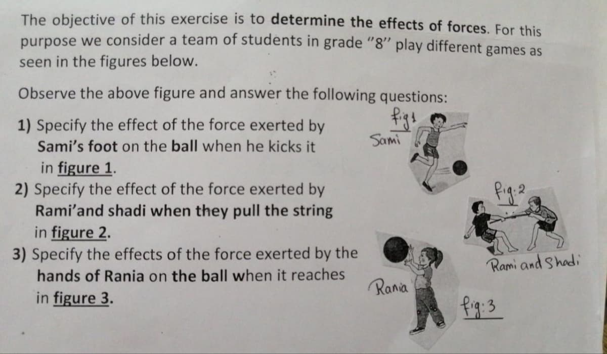 The objective of this exercise is to determine the effects of forces. For this
purpose we consider a team of students in grade "8" play different games as
seen in the figures below.
Observe the above figure and answer the following questions:
1) Specify the effect of the force exerted by
figs
Sami's foot on the ball when he kicks it
Sami
in figure 1.
2) Specify the effect of the force exerted by
Rami'and shadi when they pull the string
in figure 2.
3) Specify the effects of the force exerted by the
fig.
Rami and Shadi
hands of Rania on the ball when it reaches
Rania
in figure 3.
fig:3
