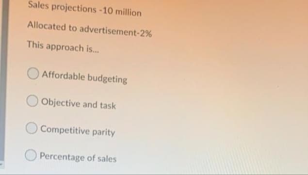 Sales projections -10 million
Allocated to advertisement-2%
This approach is.
Affordable budgeting
Objective and task
Competitive parity
Percentage of sales
