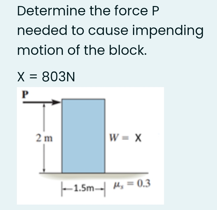Determine the force P
needed to cause impending
motion of the block.
X = 803N
2 m
W = X
-1.5m-- H, = 0.3
