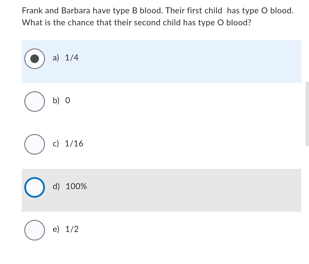 Frank and Barbara have type B blood. Their first child has type O blood.
What is the chance that their second child has type O blood?
O
O
O
a) 1/4
b) 0
c) 1/16
d) 100%
e) 1/2