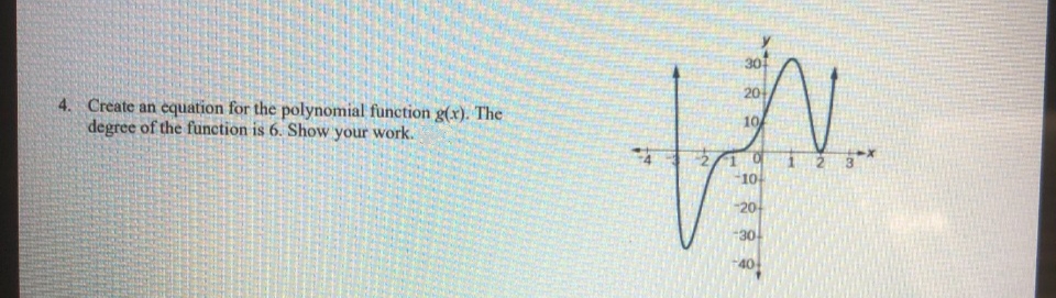 4. Create an equation for the polynomial function g(x). The
degree of the function is 6. Show your work.
301
20
10
W
0 1
104
20
-30
40
At
Nt
43.