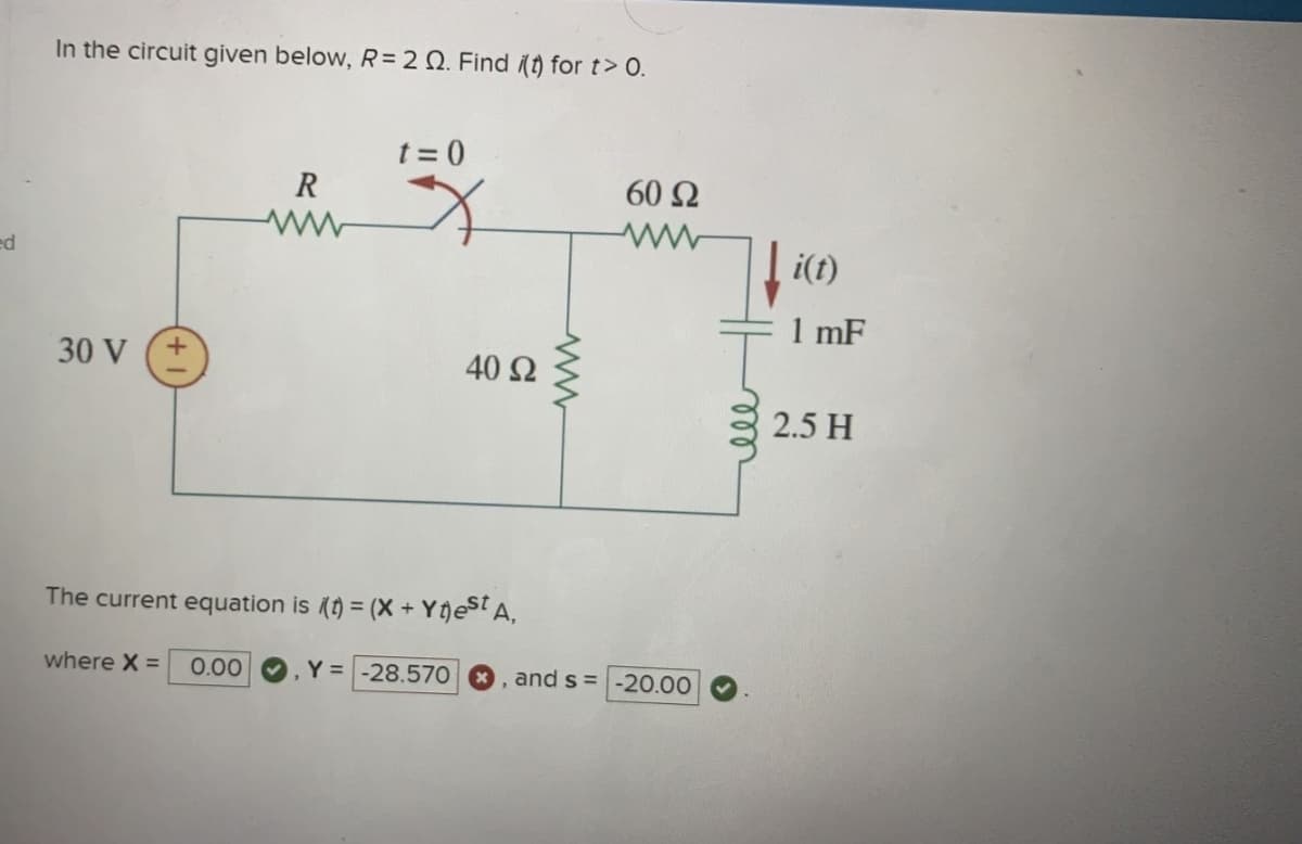 ed
In the circuit given below, R= 2 . Find (t) for t> 0.
30 V (+
R
ww
where X = 0.00
t=0
X
40 Ω
The current equation is i(t) = (X + Yt)est A,
www
60 Ω
Y = -28.570, and s= -20.00
i(t)
1 mF
2.5 H
