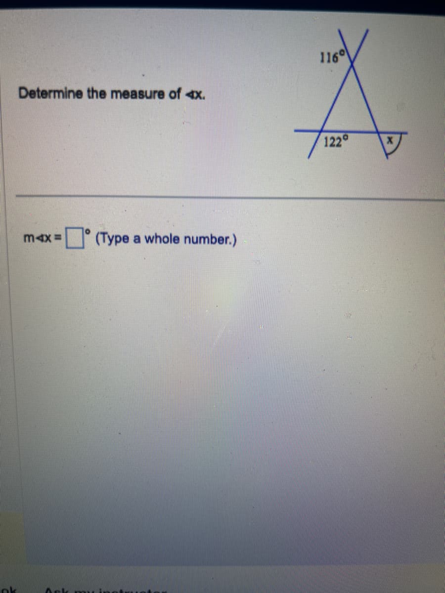 Determine the measure of x.
max= (Type a whole number.)
Ask m
116
A
122°