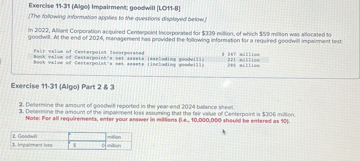 Exercise 11-31 (Algo) Impairment; goodwill (LO11-8]
[The following information applies to the questions displayed below.]
In 2022, Alliant Corporation acquired Centerpoint Incorporated for $339 million, of which $59 million was allocated to
goodwill. At the end of 2024, management has provided the following information for a required goodwill impairment test:
Fair value of Centerpoint Incorporated
Book value of Centerpoint's net assets (excluding goodwill)
Book value of Centerpoint's net assets (including goodwill)
$ 247 million
221 million
280 million
Exercise 11-31 (Algo) Part 2 & 3
2. Determine the amount of goodwill reported in the year-end 2024 balance sheet.
3. Determine the amount of the impairment loss assuming that the fair value of Centerpoint is $306 million.
Note: For all requirements, enter your answer in millions (i.e., 10,000,000 should be entered as 10).
2. Goodwill
million
3. Impairment loss
$
0 million