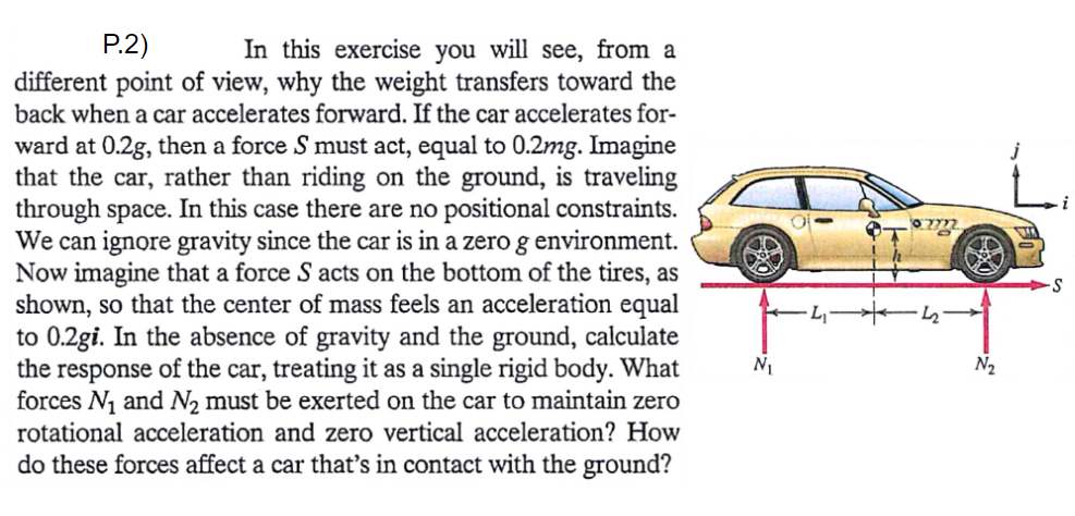 P.2)
In this exercise you will see, from a
different point of view, why the weight transfers toward the
back when a car accelerates forward. If the car accelerates for-
ward at 0.2g, then a force S must act, equal to 0.2mg. Imagine
that the car, rather than riding on the ground, is traveling
through space. In this case there are no positional constraints.
We can ignore gravity since the car is in a zero g environment.
Now imagine that a force S acts on the bottom of the tires, as
shown, so that the center of mass feels an acceleration equal
to 0.2gi. In the absence of gravity and the ground, calculate
the response of the car, treating it as a single rigid body. What
forces N1 and N2 must be exerted on the car to maintain zero
rotational acceleration and zero vertical acceleration? How
N1
N2
do these forces affect a car that's in contact with the ground?
