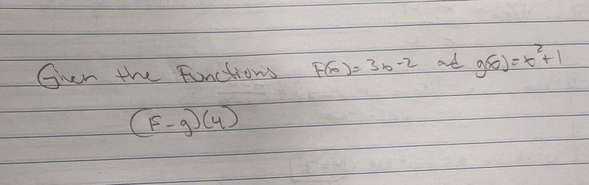 Given the Functions.
F(6)=36-2 and gro) == +1