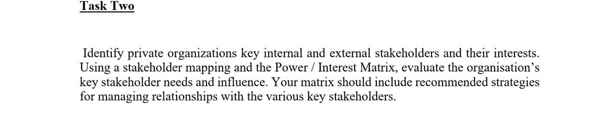 Task Two
Identify private organizations key internal and external stakeholders and their interests.
Using a stakeholder mapping and the Power / Interest Matrix, evaluate the organisation's
key stakeholder needs and influence. Your matrix should include recommended strategies
for managing relationships with the various key stakeholders.