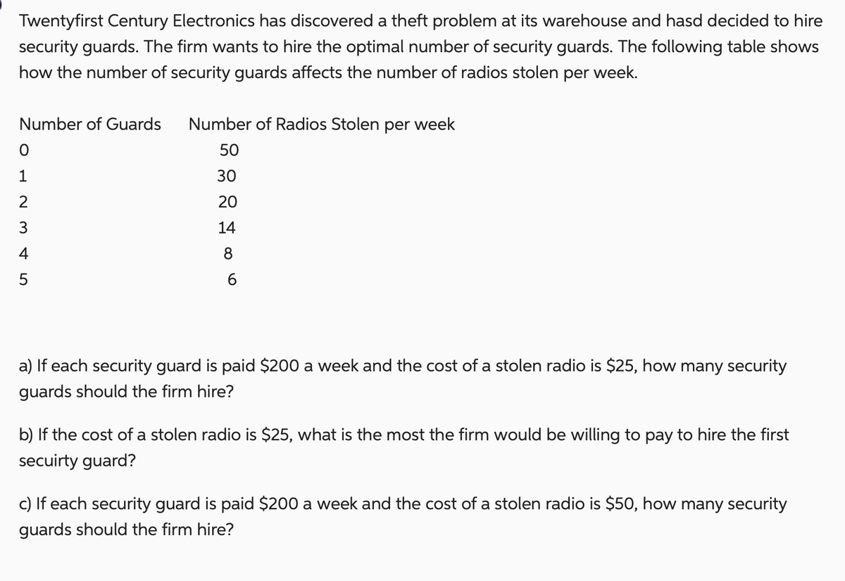 Twentyfirst Century Electronics has discovered a theft problem at its warehouse and hasd decided to hire
security guards. The firm wants to hire the optimal number of security guards. The following table shows
how the number of security guards affects the number of radios stolen per week.
Number of Guards
O
1
2
345
Number of Radios Stolen per week
50
30
20
14
8
6
a) If each security guard is paid $200 a week and the cost of a stolen radio is $25, how many security
guards should the firm hire?
b) If the cost of a stolen radio is $25, what is the most the firm would be willing to pay to hire the first
secuirty guard?
c) If each security guard is paid $200 a week and the cost of a stolen radio is $50, how many security
guards should the firm hire?