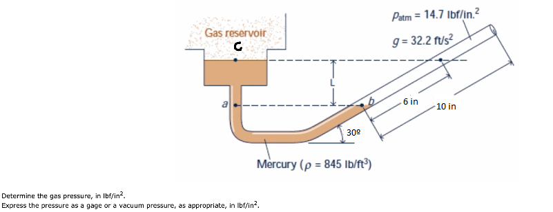 Patm = 14.7 Ibf/in.?
Gas reservoir
g = 32.2 fus?
6 in
10 in
30°
Mèrcury (p = 845 Ib/ft³)
Determine the gas pressure, in Ibf/in.
Express the pressure as a gage or a vacuum pressure, as appropriate, in Ibf/in?.
