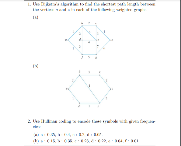 1. Use Dijkstra's algorithm to find the shortest path length between
the vertices a and z in each of the following weighted graphs.
(a)
(b)
1
2
b
2
d
3
b
2
19
4
4
5
3
C
3
e
7
8
6
2
2. Use Huffman coding to encode these symbols with given frequen-
cies:
(a) a
0.35, b: 0.4, c: 0.2, d: 0.05.
(b) a 0.15, b: 0.35, c: 0.23, d: 0.22, e: 0.04, f: 0.01.