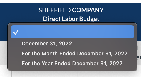 SHEFFIELD COMPANY
Direct Labor Budget
December 31, 2022
For the Month Ended December 31, 2022
For the Year Ended December 31, 2022
er