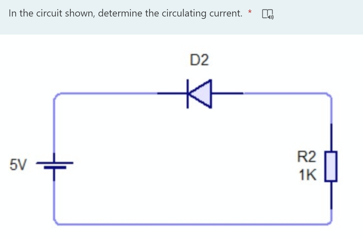 In the circuit shown, determine the circulating current.
D2
R2
5V
1K
