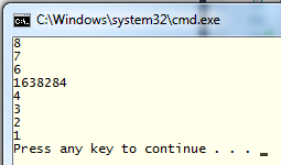 C:1.
C:\Windows\system32\cmd.exe
8
7
6
1638284
3
2
1
Press any key to continue
