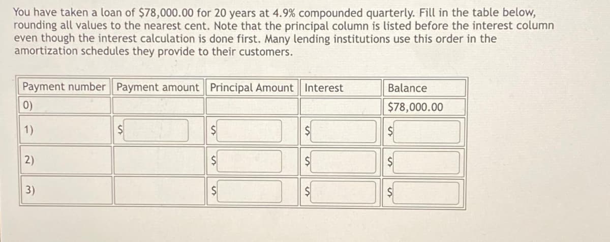 You have taken a loan of $78,000.00 for 20 years at 4.9% compounded quarterly. Fill in the table below,
rounding all values to the nearest cent. Note that the principal column is listed before the interest column
even though the interest calculation is done first. Many lending institutions use this order in the
amortization schedules they provide to their customers.
Payment number Payment amount Principal Amount Interest
0)
1)
2)
3)
$
S
$
$
s
Balance
$78,000.00
$