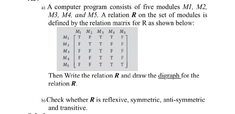 a) A computer program consists of five modules M1, M2,
M3, M4, and M5. A relation R on the set of modules is
defined by the relation matrix for R as shown below:
M1 M2 M3 M. M5
M1
T
F T T
F
M2
F
T
T
F
F
M3
F
F
F
F
M4
F
F
T
F
M5
F
F T
T
T
Then Write the relation R and draw the digraph for the
relation R.
b) Check whether R is reflexive, symmetric, anti-symmetric
and transitive.
