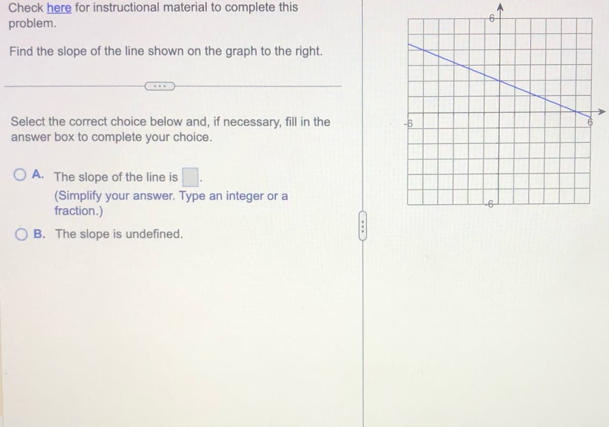 Check here for instructional material to complete this
problem.
Find the slope of the line shown on the graph to the right.
Select the correct choice below and, if necessary, fill in the
answer box to complete your choice.
OA. The slope of the line is
(Simplify your answer. Type an integer or a
fraction.)
B. The slope is undefined.
A