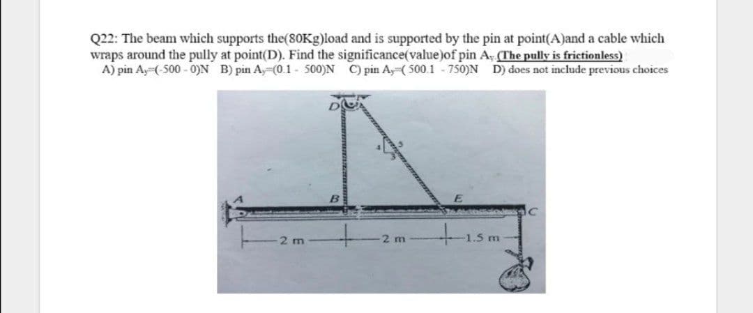 Q22: The beam which supports the(80K9)load and is supported by the pin at point(A)and a cable which
wraps around the pully at point(D). Find the significance(value)of pin A, (The pully is frietionless)
A) pin Ay (-500- 0)N B) pin Ay (0.1 - 500)N C) pin Ay ( 500.1 750)N D) does not include previous choices
2 m
2 m
-1.5 m
