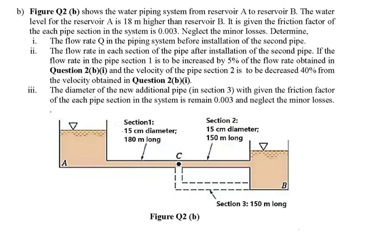 b) Figure Q2 (b) shows the water piping system from reservoir A to reservoir B. The water
level for the reservoir A is 18 m higher than reservoir B. It is given the friction factor of
the each pipe section in the system is 0.003. Neglect the minor losses. Determine,
i.
The flow rate Q in the piping system before installation of the second pipe.
ii.
The flow rate in each section of the pipe after installation of the second pipe. If the
flow rate in the pipe section 1 is to be increased by 5% of the flow rate obtained in
Question 2(b)(i) and the velocity of the pipe section 2 is to be decreased 40% from
the velocity obtained in Question 2(b)(i).
The diameter of the new additional pipe (in section 3) with given the friction factor
of the each pipe section in the system is remain 0.003 and neglect the minor losses.
111.
Section1:
Section 2:
15 cm diameter;
180 m long
15 cm diameter;
150 m long
C
Section 3: 150 m long
Figure Q2 (b)
