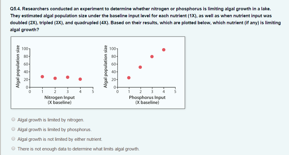 Q5.4. Researchers conducted an experiment to determine whether nitrogen or phosphorus is limiting algal growth in a lake.
They estimated algal population size under the baseline input level for each nutrient (1X), as well as when nutrient input was
doubled (2X), tripled (3X), and quadrupled (4X). Based on their results, which are plotted below, which nutrient (if any) is limiting
algal growth?
Algal population size
80-
60-
40-
20-
2
3
Nitrogen Input
(X baseline)
Algal population size
100-
80-
60-
40-
20-
0+
0
2
3
Phosphorus Input
(X baseline)
Algal growth is limited by nitrogen.
Algal growth is limited by phosphorus.
Algal growth is not limited by either nutrient.
There is not enough data to determine what limits algal growth.