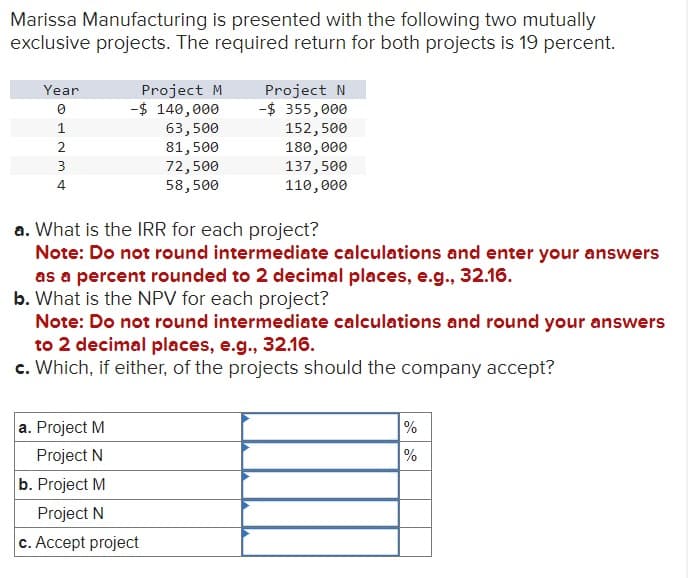 Marissa Manufacturing is presented with the following two mutually
exclusive projects. The required return for both projects is 19 percent.
Year
OHN M &
0
1
2
3
4
Project M
-$ 140,000
63,500
81,500
72,500
58,500
Project N
-$ 355,000
152,500
180,000
137,500
110,000
a. What is the IRR for each project?
Note: Do not round intermediate calculations and enter your answers
as a percent rounded to 2 decimal places, e.g., 32.16.
b. What is the NPV for each project?
Note: Do not round intermediate calculations and round your answers
to 2 decimal places, e.g., 32.16.
c. Which, if either, of the projects should the company accept?
a. Project M
Project N
b. Project M
Project N
c. Accept project
%
%