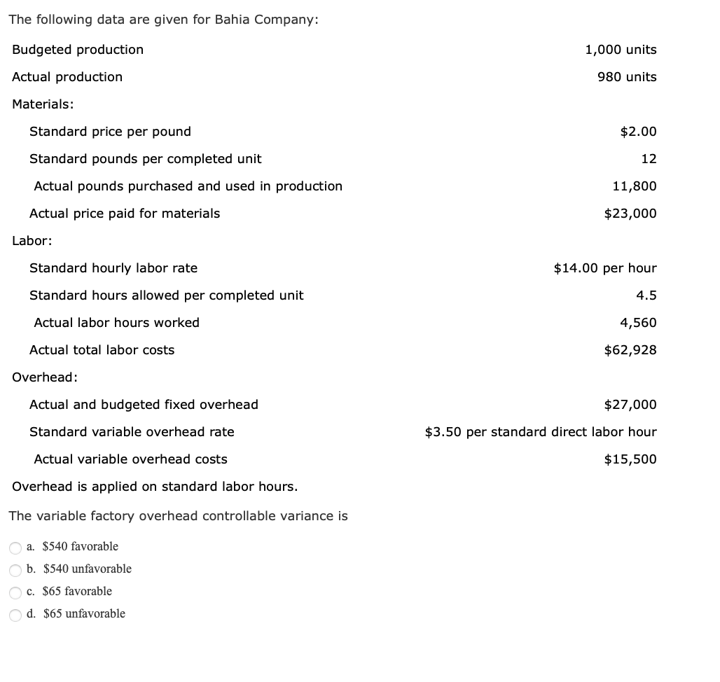 The following data are given for Bahia Company:
Budgeted production
Actual production
Materials:
Standard price per pound
Standard pounds per completed unit
Actual pounds purchased and used in production
Actual price paid for materials
Labor:
Standard hourly labor rate
Standard hours allowed per completed unit
Actual labor hours worked
Actual total labor costs
Overhead:
Actual and budgeted fixed overhead
Standard variable overhead rate
Actual variable overhead costs
Overhead is applied on standard labor hours.
The variable factory overhead controllable variance is
a. $540 favorable
Ob. $540 unfavorable
c. $65 favorable
Od. $65 unfavorable
1,000 units
980 units
$2.00
12
11,800
$23,000
$14.00 per hour
4.5
4,560
$62,928
$27,000
$3.50 per standard direct labor hour
$15,500