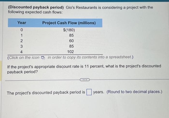(Discounted payback period) Gio's Restaurants is considering a project with the
following expected cash flows:
Year
0
1
2
3
Project Cash Flow (millions)
$(180)
85
60
85
4
102
(Click on the icon in order to copy its contents into a spreadsheet.)
If the project's appropriate discount rate is 11 percent, what is the project's discounted
payback period?
The project's discounted payback period is years. (Round to two decimal places.)