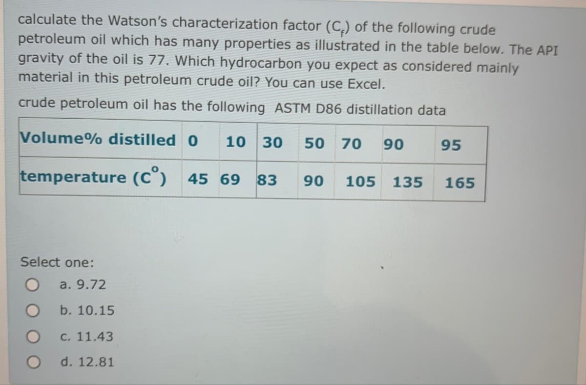 calculate the Watson's characterization factor (C₂) of the following crude
petroleum oil which has many properties as illustrated in the table below. The API
gravity of the oil is 77. Which hydrocarbon you expect as considered mainly
material in this petroleum crude oil? You can use Excel.
crude petroleum oil has the following ASTM D86 distillation data
Volume% distilled 0 10 30 50 70 90
temperature (c) 45 69 83 90 105 135
Select one:
a. 9.72
b. 10.15
c. 11.43
d. 12.81
95
165