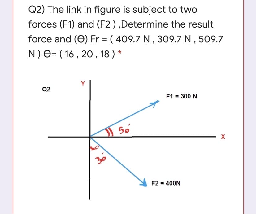Q2) The link in figure is subject to two
forces (F1) and (F2 ) ,Determine the result
force and (e) Fr = ( 409.7 N , 309.7 N , 509.7
N)e= ( 16 , 20, 18 ) *
%3D
Y
Q2
F1 = 300 N
30
F2 = 400N
