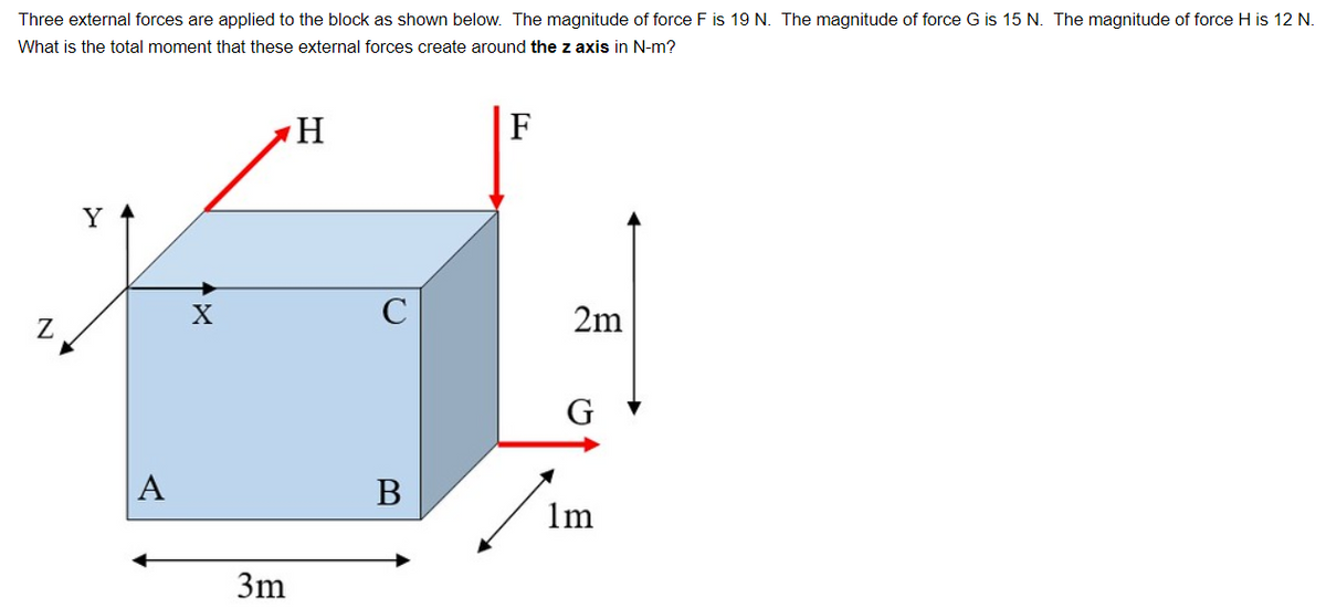 Three external forces are applied to the block as shown below. The magnitude of force F is 19 N. The magnitude of force G is 15 N. The magnitude of force H is 12 N.
What is the total moment that these external forces create around the z axis in N-m?
Z
Y
A
X
3m
H
B
2m
G
1m