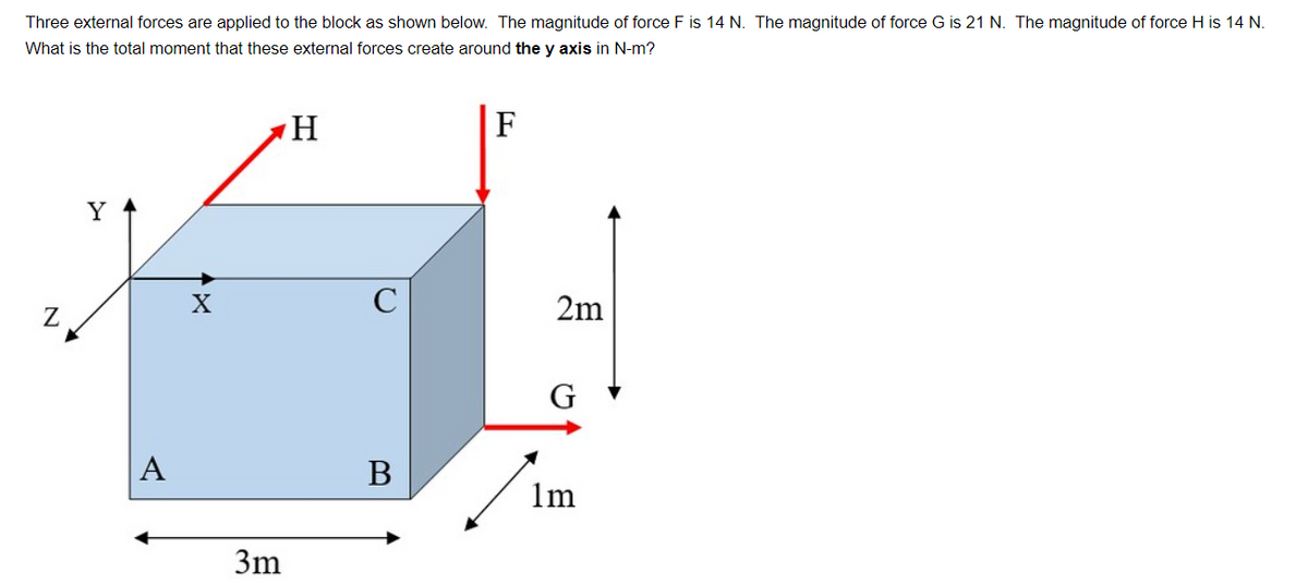 Three external forces are applied to the block as shown below. The magnitude of force F is 14 N. The magnitude f force G is 21 N. The magnitude of force H is 14 N.
What is the total moment that these external forces create around the y axis in N-m?
Z
Y
A
X
3m
H
B
F
2m
G
1m