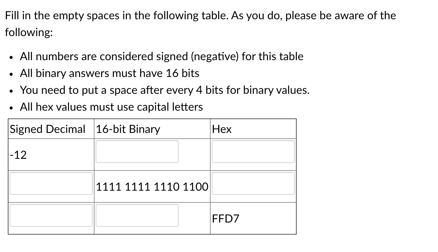 Signed Decimal 16-bit Binary
Hex
|-12
|1111 1111 1110 1100
FFD7
