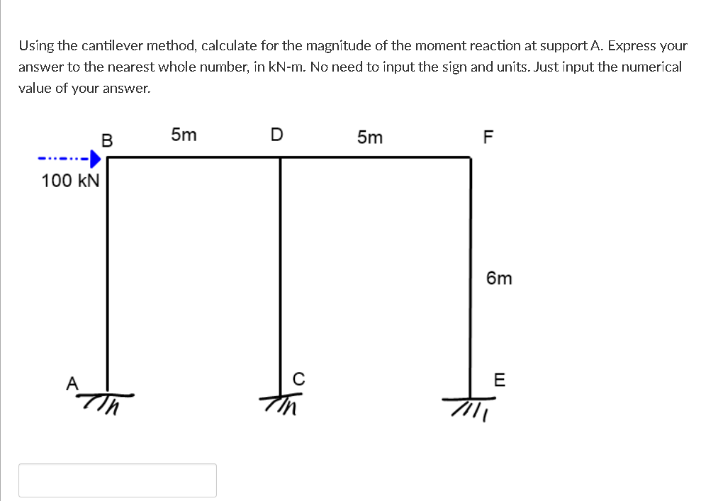 Using the cantilever method, calculate for the magnitude of the moment reaction at support A. Express your
answer to the nearest whole number, in kN-m. No need to input the sign and units. Just input the numerical
value of your answer.
В
5m
5m
F
100 kN
6m
E
to
