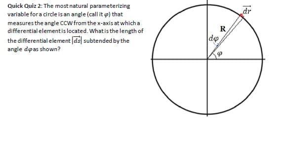 Quick Quiz 2: The most natural parameterizing
dr
variable for a circle is an angle (call it o) that
measures the angle cCW from the x-axis at which a
differential elementis located. What is the length of
R,
do
the differential element ds| subtended by the
angle døas shown?
