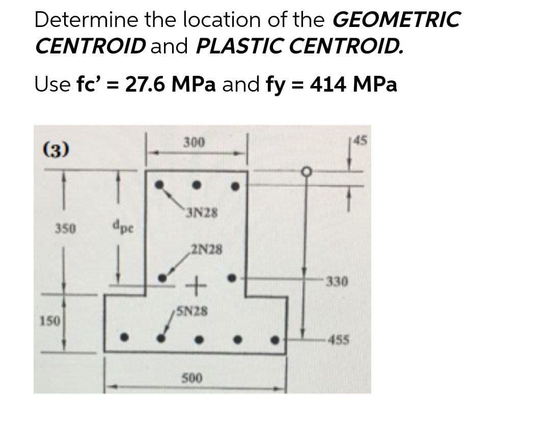 Determine the location of the GEOMETRIC
CENTROID and PLASTIC CENTROID.
Use fc' = 27.6 MPa and fy = 414 MPa
(3)
T
350
150
dpe
300
3N28
2N28
+
500
330
-455
145