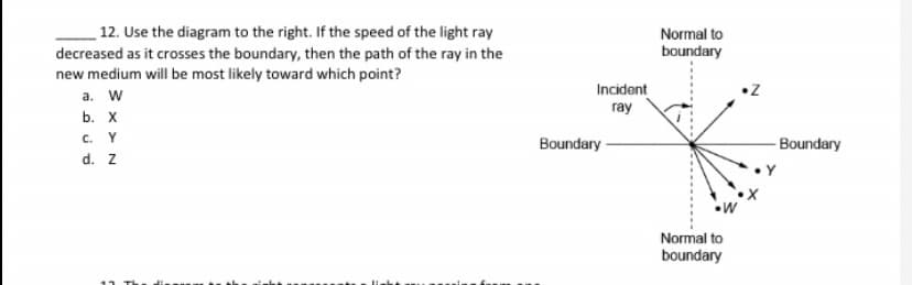 12. Use the diagram to the right. If the speed of the light ray
decreased as it crosses the boundary, then the path of the ray in the
new medium will be most likely toward which point?
Normal to
boundary
Incident
a. W
ray
b. Х
C. Y
Boundary
-Boundary
d. z
Normal to
boundary
