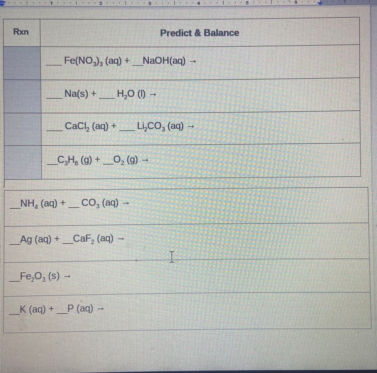 Rxn
Predict & Balance
Fe(NO,), (aq) + NaOH(aq) →
E/3,
Na(s) +
H,0 (1) →
CaCl, (aq) +
Li,CO, (aq) –
3
C,H, (g) +_O, (g) –
NH, (aq) +
– CO, (aq) -
Ag (aq) +_CaF, (aq) -
2
Fe,0, (s) -
K (aq) +P (aq)
