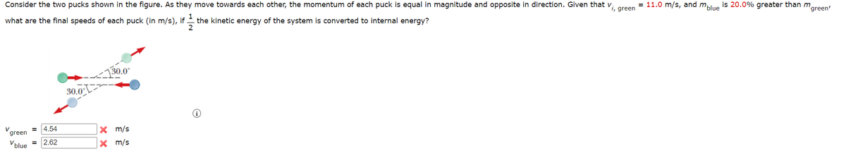 Consider the two pucks shown in the figure. As they move towards each other, the momentum of each puck is equal in magnitude and opposite in direction. Given that
1
what are the final speeds of each puck (in m/s), if. _ the kinetic energy of the system is converted to internal energy?
30.0°
30.0
2
i
=
4.54
green
Vblue =
2.62
× ×
x m/s
x m/s
= 11.0 m/s, and m
green
'blue
is 20.0% greater than m
green'
