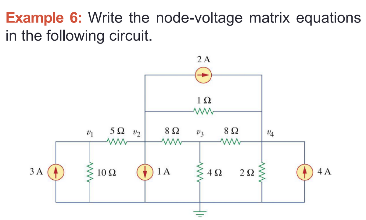 Example 6: Write the node-voltage matrix equations
in the following circuit.
2 A
1Ω
5 2
V2
8 Ω
V3
8 Ω
V4
ЗА (4
10 Ω
1 A
4Ω
2Ω
4 A
