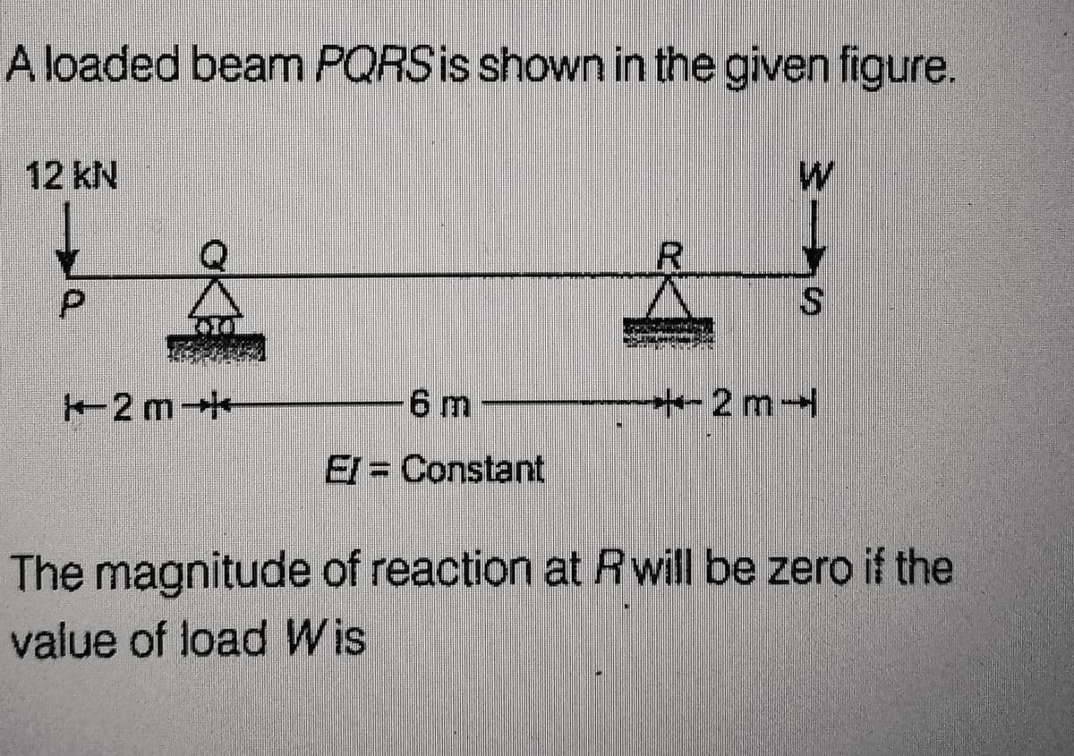 A loaded beam PQRS is shown in the given figure.
12 kN
P
2 m
1+14]
-6 m
EI = Constant
Stef
R
७५-इ
W
S
*2 m-
The magnitude of reaction at R will be zero if the
value of load Wis