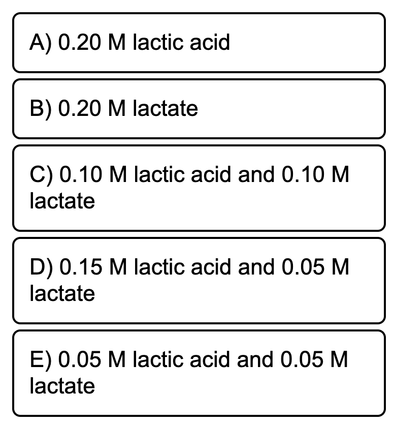 A) 0.20 M lactic acid
B) 0.20 M lactate
C) 0.10 M lactic acid and 0.10 M
lactate
D) 0.15 M lactic acid and 0.05 M
lactate
E) 0.05 M lactic acid and 0.05 M
lactate
