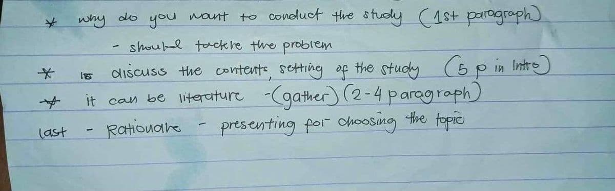 last
why
صله
you
should tackle the problem
185
discuss the contents, setting of the study (5 p in Intro)
it can be literature -(gather) (2-4 paragraph)
Rationare - presenting for choosing the topic
1
mount to conduct the study (1st paragraph)