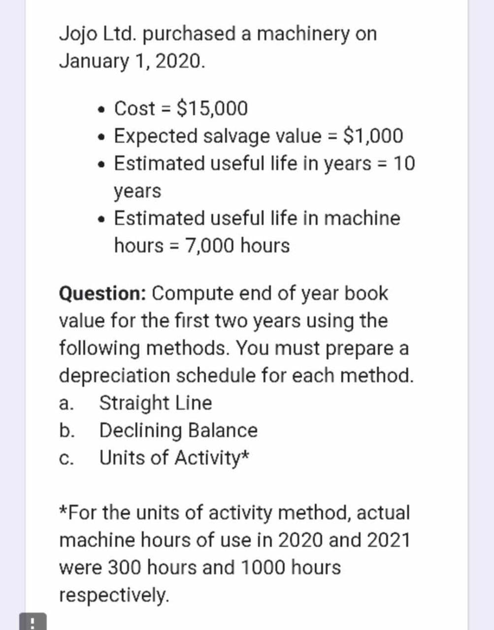 Jojo Ltd. purchased a machinery on
January 1, 2020.
. Cost = $15,000
• Expected salvage value = $1,000
• Estimated useful life in years = 10
years
• Estimated useful life in machine
hours = 7,000 hours
Question: Compute end of year book
value for the first two years using the
following methods. You must prepare a
depreciation schedule for each method.
a. Straight Line
b. Declining Balance
C. Units of Activity*
*For the units of activity method, actual
machine hours of use in 2020 and 2021
were 300 hours and 1000 hours
respectively.