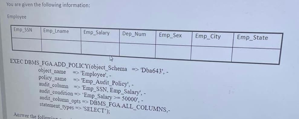 You are given the following information:
Employee
Emp_SSN Emp_Lname Emp_Salary
Dep_Num Emp_Sex
EXEC DBMS_FGA.ADD_POLICY(object_Schema => 'Dba643', -
object_name => 'Employee', -
policy_name => 'Emp_Audit_Policy', -
audit_column => 'Emp_SSN, Emp_Salary', -
audit_condition => 'Emp_Salary >= 50000', -
audit_column_opts => DBMS_FGA.ALL_COLUMNS,-
statement_types => 'SELECT');
Answer the following
Emp_City Emp_State