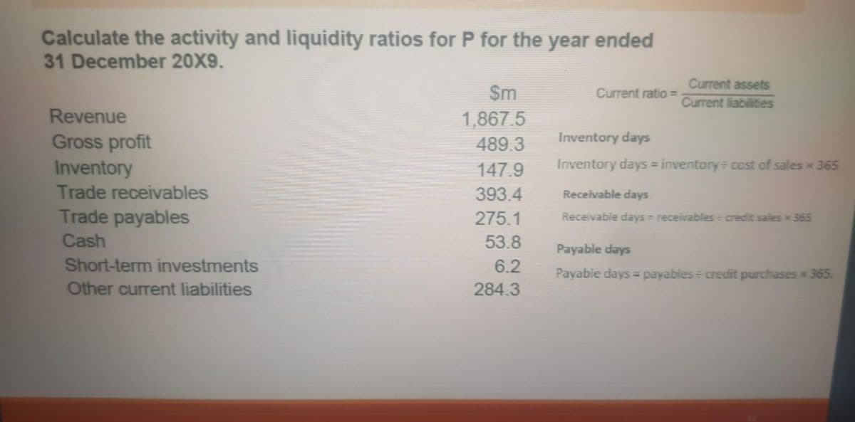Calculate the activity and liquidity ratios for P for the year ended
31 December 20X9.
Revenue
Gross profit
Inventory
Trade receivables
Trade payables
Cash
Short-term investments
Other current liabilities
$m
1,867.5
489.3
147.9
393.4
275.1
53.8
6.2
284.3
Current ratio=
Current assets
Current liabilities
Inventory days
Inventory days = inventory+ cost of sales × 365
Receivable days
Receivable days - receivables + credit sales x 365
Payable days
Payable days = payables ÷ credit purchases x 365.