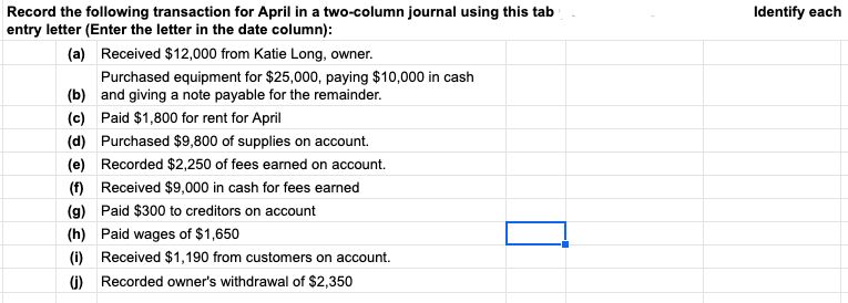 Identify each
Record the following transaction for April in a two-column journal using this tab
entry letter (Enter the letter in the date column):
(a)
Received $12,000 from Katie Long, owner.
Purchased equipment for $25,000, paying $10,000 in cash
and giving a note payable for the remainder.
(b)
(c)
Paid $1,800 for rent for April
Purchased $9,800 of supplies on account.
Recorded $2,250 of fees earned on account
(d)
(e)
(f)Received $9,000 in cash for fees earned
(g)
Paid $300 to creditors on account
(h)
Paid wages of $1,650
(i)
Received $1,190 from customers on account.
(j)
Recorded owner's withdrawal of $2,350
