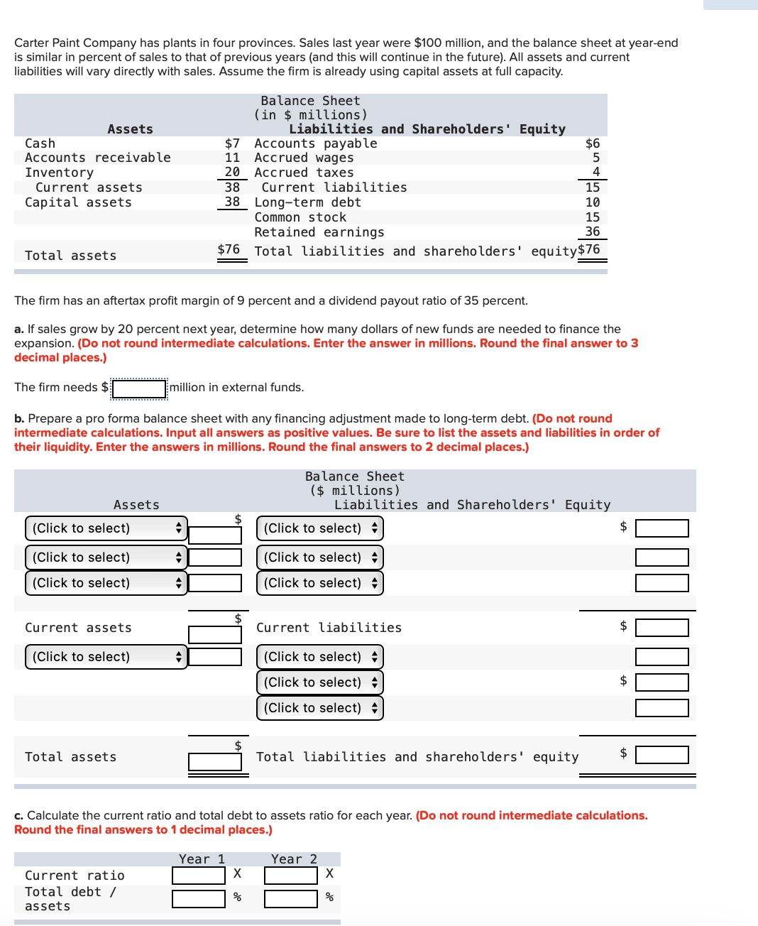 Carter Paint Company has plants in four provinces. Sales last year were $100 million, and the balance sheet year-end
is similar in percent of sales to that of previous years (and this will continue in the future). All assets and current
liabilities will vary directly with sales. Assume the firm is already using capital assets at full capacity.
Assets
Cash
Accounts receivable
Inventory
Current assets
Capital assets
Total assets
Assets
(Click to select)
(Click to select)
(Click to select)
Current assets
(Click to select)
Total assets
The firm has an aftertax profit margin of 9 percent and a dividend payout ratio of 35 percent.
a. If sales grow by 20 percent next year, determine how many dollars of new are needed to finance the
expansion. (Do not round intermediate calculations. Enter the answer in millions. Round the final answer to 3
decimal places.)
The firm needs $
Current ratio
Total debt /
assets
b. Prepare a pro forma balance sheet with any financing adjustment made to long-term debt. (Do not round
intermediate calculations. Input all answers as positive values. Be sure to list the assets and liabilities in order of
their liquidity. Enter the answers in millions. Round the final answers to 2 decimal places.)
+
+
+
20
38
38
♦
$7
Accounts payable
11 Accrued wages
Accrued taxes
million in external funds.
Balance Sheet
(in $ millions)
Liabilities and Shareholders' Equity
Current liabilities
Long-term debt
Common stock
Retained earnings
$76 Total liabilities and shareholders' equity $76
Year 1
X
%
Balance Sheet
($ millions)
៩៨៩ថ ន ហ តោ
(Click to select)
(Click to select)
(Click to select)
Liabilities and Shareholders' Equity
Current liabilities
(Click to select)
(Click to select)
(Click to select)
Total liabilities and shareholders' equity
Year 2
c. Calculate the current ratio and total debt to assets ratio for each year. (Do not round intermediate calculations.
Round the final answers to 1 decimal places.)
X
%
$
$
$
$
000 000